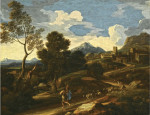 Купить от 113 грн. репродукцию картины: Итальянский пейзаж с фигурами отдыхающими возле пруда, урепления города на холме в отдалении