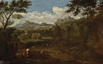 Купите картину художника от 172 грн: Итальянский пейзаж с двумя фигурами отдыхающими на камнях, горы в отдалении