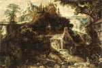 Купить от 108 грн. репродукцию картины: Горный речной пейзаж с церковью и таверной, с рыболовами вблизи
