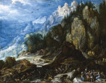 Купить от 123 грн. репродукцию картины: Горный деревенский пейзаж с водопадом, мельницей, замок на холме, различные животные и фигуры на переднем плане