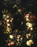 Купить от 120 грн. картину натюрморт: Ремер с орехами в нише окруженной гирляндой фруктов с осами и божьями коровками