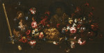 Купить от 87 грн. картину натюрморт: Опрокинутая ваза цветов с холстом изображающим Святого Иосифа удерживающего маленького Христа и образ Святого Николая