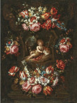 ₴ Репродукция натюрморт от 257 грн.: Картуш с тюльпанами, розами и другими цветами и Святым Джоном баптистом