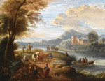 Купить от 123 грн. репродукцию картины: Речной пейзаж с путниками, рыболовы в лодке по реке, замок в отдалении
