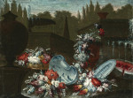 ₴ Картина натюрморт художника от 180 грн.: Букеты различных цветов вместе с порцеляновыми чашами и арбузом возле фонтана в парке