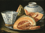 Купить от 117 грн. картину натюрморт: Дыня, восьмиугольная сине-белая чашка на серебряном блюде
