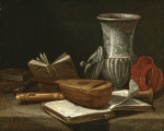 Купить от 126 грн. картину натюрморт: Лютня, флейта, книги, мраморная покрытая ваза и другие лежащие объекты