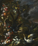 ₴ Картина натюрморт известного художника от 240 грн.: Наружный натюрморт с птицами возле скульптурного фонтана
