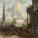 ₴ Картины морской пейзаж художника от 235 грн.: Средиземноморская гавань с торговцами возле колонны Меркурия, дворец справа с элегантными фигурами смотрящими на гавань с балкона