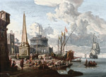 ₴ Картины морской пейзаж художника от 180 грн.: Укрепленный средиземноморский порт с овелиском и пришвартованными галерами
