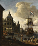 Купить от 133 грн. картину морской пейзаж: Каприччио с итальянской гаванью с голландским торговым кораблем, элегеантными фигурами на пристани и мужчины выгружают груз