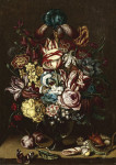 ₴ Репродукция натюрморт от 204 грн.: Букет цветов в стеклянной вазе, ракушки, бабочки и ящерица