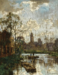 Купить от 132 грн. картину городской пейзаж: Вид голландского канала с колокольной башней в отдалении