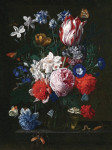 Картина натюрморт от 179 грн.: Розы, тюльпан, маковые анемоны, жасмин, аквилегия, утренняя слава и другие цветы в стеклянной вазе на каменном уступе