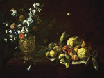Купить натюрморт художника от 199 грн.: Фрукты, сложенные на тарелке рядом с бронзовой урной, наполненной цветами