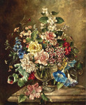 ₴ Репродукция натюрморт от 237 грн.: Примулы, клематис, розы и пионы в стеклянной вазе