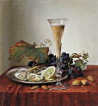 Купить от 114 грн. картину натюрморт: Виноград, устрицы, миндаль и фужер шампанского на драпированном уступе