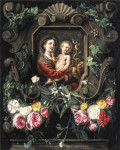 Купить от 176 грн. картину натюрморт: Девушка и ребенок с новорожденным святым Иоанном  в каменном картуше украшенном гирлядами роз, подснежниками и ивой, с двумя бабочками