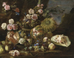 Купить от 179 грн. картину натюрморт: Дыни, персики и розы в пейзаже