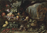 ₴ Репродукция натюрморт от 229 грн.: Дыни, персики и розы в пейзаже