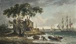 Купить от 140 грн. картину морской пейзаж: Рыбаки выстаскивают лодку, королевский флот в отдалении