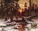 ₴ Репродукція краєвид від 259 грн.: Зимовий захід сонця в сосновому лісі