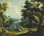 Репродукция картины пейзаж от 188 грн.: Пасторальный речной ландшафта с фигурами на работе и отдыхе