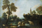 ₴ Репродукция картины пейзаж от 166 грн: Рыболов и молодая женщина у реки, деревня в отдалении