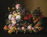 ₴ Репродукция натюрморт от 247 грн.: Цветы, фрукты и птичье гнездо на каменном выступе