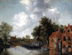 ₴ Картина пейзаж известного художника от 241 грн.: Вид на канал в голландской деревне, баржи пришвартованные на набережной вблизи дома