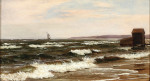 Картина море от 166 грн.: Морской пейзаж с парусной лодкой вдоль берега, на переднем плане купальня