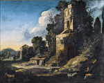 Купите картину художника от 232 грн: Итальянский пейзаж с зданиями и пастух играет на дудке
