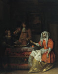Картина бытовой жанр от 222 грн.: Интерьер с двумя женщинами и мужчиной, который ест устриц