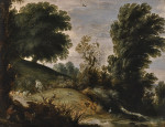 Купите картину художника от 226 грн: Лесной пейзаж с пастухом и его стадом на берегу реки