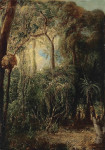 Купите картину художника от 191 грн: Австралийский тропический лес с лагерем аборигенов, хохлатые какаду, попугаи и другие птицы в пологе