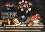 Картина натюрморт от 197 грн.: Ваза с цветами, ваза с гранатом, фруктаы и две дыни на каменном выступе