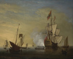 ⚓Репродукция морской пейзаж от 253 грн.: Сцена гавани, английский корабль с опущенными парусами, стреляющий из пушки