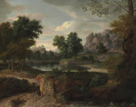 ₴ Репродукция пейзаж от 247 грн.: Две фигуры на тропинке в классическом лесном ландшафте, здания и пруд за пределами