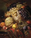Картина натюрморт от 199 грн.: Фрукты, ромер, плетеная корзина и птичье гнездо на деревянном столе