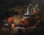 ₴ Репродукция натюрморт от 259 грн.: Виноград, яблоки, персики, розы, серебряный кувшин и фазан на столе