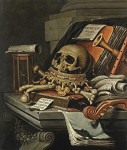 Картина натюрморт от 195 грн.: Ванитас, череп на перевернутой короне, книги, свитки, песочные часы, скрипка и другие музыкальные инструменты на каменном выступе