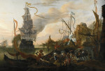 Картина море от 182 грн.: Левантин гавань с галером и боевым кораблем, идущим на якорь, вместе с множеством фигур на берегу