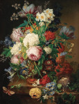Натюрморт художника от 212 грн.: Цветочный натюрморт с розами, незабудкой, маками, гиацинтами, бабочками и птичьим гнездом