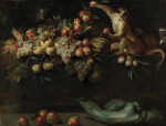 ₴ Репродукция натюрморт от 317 грн.: Натюрморт с фруктами и овощами и двумя обезьянами