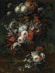 Натюрморт художника от 212 грн.: Утренняя слава, розы, попугай тюльпаны, хризантемы и другие цветы в каменной вазе, на каменном выступе