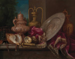 ₴ Репродукция натюрморт от 422 грн.: Серебряная и золотая тарелка, раковины и меч