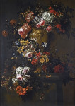 Натюрморт художника от 175 грн.: Розы, тюльпаны, гвоздики, ромашки и другие цветы в каменной вазе на пьедестале