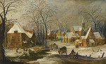 ₴ Репродукция пейзаж от 199 грн.: Зимний пейзаж с путешественниками, проезжающими через деревню
