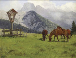 ₴ Купить картину пейзаж художника от 184 грн: Три пасущихся лошади на вершине горы перед Мартерлем