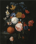 Купить натюрморт известного художника от 196 грн.: Розы, нарциссы, колокольчики и другие цветы на каменной полке с апельсином, ежевикой и две бабочки
